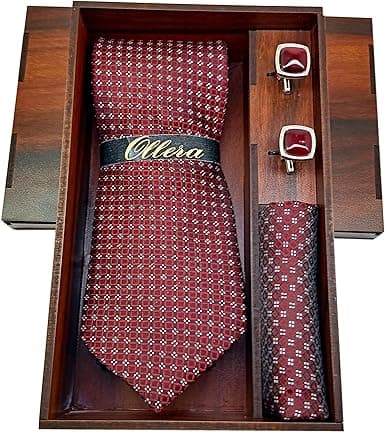 Ollera Men Premium Microfiber Neck Tie and Pocket Square with Cufflink Combo Gift Set in Premium Wooden Box(Maroon, Free Size)